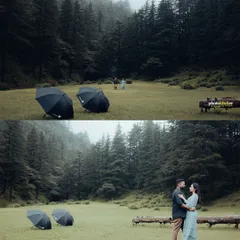 A collage showing a couple in a lush green meadow surrounded by pine trees, with umbrellas hinting at a romantic monsoon shoot.