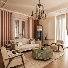 The lounge area within the master suite features a classic sofa set against a bold striped wallpaper. This contemporary touch contrasts beautifully with the room's neoclassical elements, showcasing our ability to balance different styles.