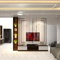 This is a 3D preview of a TV unit design for our premium project in Puttur. The design features a marble-finish back panel with vertical wood-tone accents and integrated shelving.