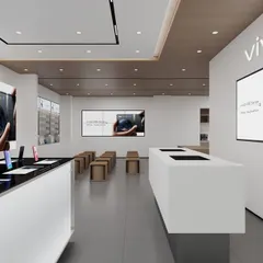 Another interior shot of the Hyderabad store, showing the product display tables and large-format digital screens. Our retail layouts are planned for optimal customer flow and product interaction.