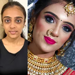 A powerful before-and-after of a bridal look. I used a dramatic pink smokey eye and a bold lip to create a stunning, high-glam look for her big day.