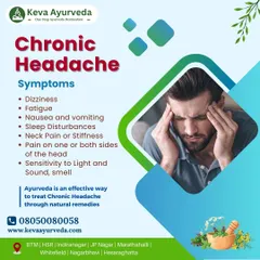 Chronic headaches and migraines often stem from deeper imbalances. This graphic lists common symptoms, and I offer natural remedies and therapies like Shirodhara to treat the root cause, providing relief from pain, dizziness, and fatigue.