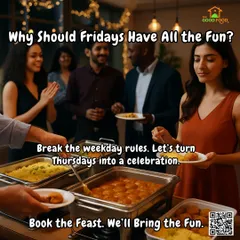 Why wait for the weekend? We can turn any day into a celebration with a full buffet setup. This image captures guests enjoying a mid-week feast, showing how we handle all the food arrangements so you can focus on the fun.