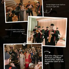 A live brass band serenades guests as they arrive, creating a celebratory atmosphere from the very beginning. This moving musical welcome is a beautiful way to start an evening.