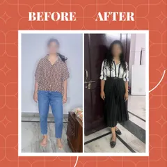 Before & After: This client's transformation shows the impact of moving from a basic, shapeless look to a structured and intentional outfit. The pleated skirt and tucked-in shirt create a defined, professional silhouette.