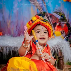 Our little Krishna, bringing so much joy and mischief. We love creating these vibrant, traditional photoshoots that celebrate our culture with a touch of divine cuteness.