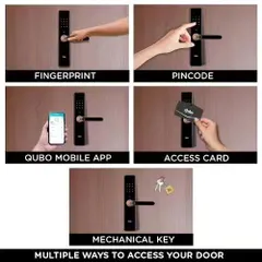 This graphic illustrates the five different ways you can access your home with our smart lock. Choose from fingerprint, PIN code, the Qubo mobile app, an access card, or a mechanical key.