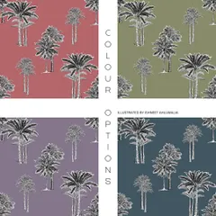 This shows the coordinating pattern of palm and coconut trees from the 'Trunk Tropica' collection in different colourways. These can be used alongside the main elephant print or on their own for a subtle botanical touch.