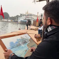 Here I am at work on the Pushkar ghat painting, capturing the morning light and atmosphere.