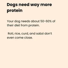 Dogs have different nutritional needs than humans. Their diet should consist of about 50-60% protein, a level that traditional homemade meals like roti, rice, and curd simply can't provide.