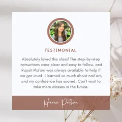 Heena's testimonial highlights the confidence boost that comes from clear, step-by-step instruction and having a teacher available to help when you get stuck.