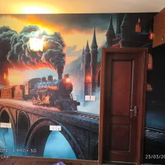 A dramatic, custom-printed mural of a fantasy steam train. This installation is perfect for a themed room, and my focus is on making the vibrant colors and details pop.