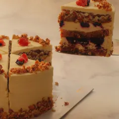 A perfect slice of our Red & Black Dilli Carrot Cake. It features layers of red carrot cake, black carrot halwa, and a whipped cream cheese frosting, topped with candied walnuts.