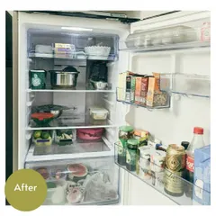 The same refrigerator, organized. We created zones for dairy, vegetables, leftovers, and drinks. Now, everything is visible and accessible, which helps in reducing food waste.