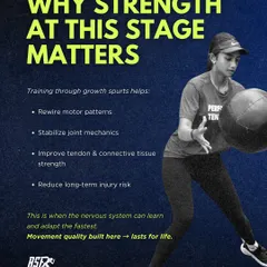 Why does strength matter at this stage? Training through growth spurts helps rewire motor patterns, stabilize joint mechanics, and improve tendon strength. The movement quality built during this period of rapid neural adaptation lasts for life.