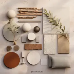 This flat lay shows a material palette inspired by nature. It combines different textures like wood, stone, and woven fabrics with earthy tones to create a feeling of warmth, serenity, and organic elegance.