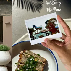 A collage that brings art history to the menu. By layering a polaroid of a street sculpture over a cafe meal, I connect the city's culture with its culinary scene in a single frame.