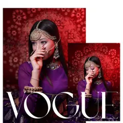 A high-fashion, "Vogue"-inspired collage from a bridal look shoot. The dramatic red lighting and modern layout give this portrait a bold, editorial feel.