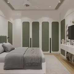 A closer view of the bed and custom wardrobes in the olive-green room. The rounded-edge panels on the wardrobe doors soften the look and echo the curve of the headboard, while the tropical leaf wallpaper behind the TV adds a natural, biophilic touch.