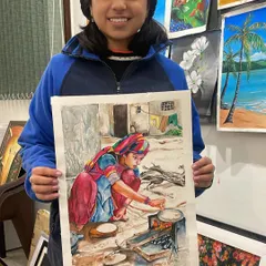 This watercolor painting of a woman cooking outdoors tells a wonderful story. The student learned to capture a sense of place and culture through her art.