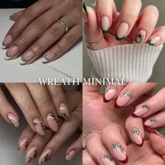 Wreath-inspired minimal nail art is an elegant way to celebrate the holidays. This collage shows delicate green and gold foliage painted along the tips of the nails.