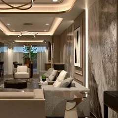 A 3D render of the neoclassic villa's living space, showcasing the layered lighting design with cove lighting and modern chandeliers. The composition highlights the harmony between the grand architecture and the comfortable, bespoke furnishings.
