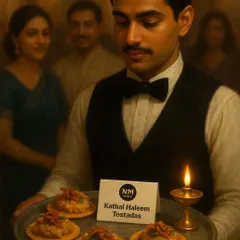 Here, tradition meets innovation in a single bite. Our Kathal Haleem Tostadas are served by professionally attired staff as part of our 'flying buffet' service, ensuring each guest receives a warm, perfectly assembled appetizer.