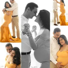 A collage showcasing the joy and variety from a single couple's maternity session. We move through different poses, from playful and laughing to quiet and tender, telling your complete story.