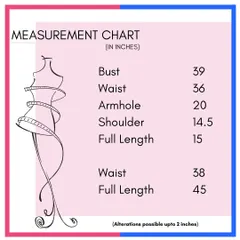 Another example of our detailed measurement chart. We can alter most outfits up to 2 inches for a custom fit.