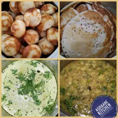 A breakfast collage showing some of my popular items. You can see the soft Paddu, fluffy Set Dosas, fresh chutney, and vegetable saagu, all ready for delivery.