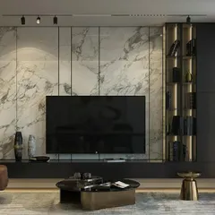 This is an example of a luxury media lounge I created, perfect for a CEO's office or an exclusive client waiting area. The design features floor-to-ceiling marble-style paneling and a custom-built, dark wood media unit. The integrated backlighting in the display shelves adds depth and highlights decorative items.
