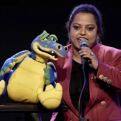 On stage at NMACC with my dragon puppet. I created this show specially for kids, filled with moral stories, humor, and a peek into how ventriloquism works.