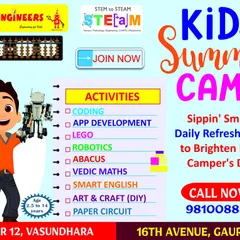 Our kids' summer camp flyer details a wide range of activities available, including coding, app development, LEGO, robotics, and even Abacus and Vedic Maths, making for a comprehensive summer of learning.