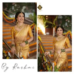 A bespoke golden blouse for actress Reeshma Nanaiah. The blouse is made from the same fabric as her tissue silk saree, with delicate hand embroidery on the sleeves to add a touch of sparkle without overpowering the look.