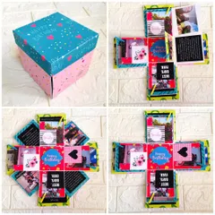 A collage of happy moments in a box. This birthday-themed explosion box can hold up to 24 pictures and 4 special messages, making it a deeply personal and interactive gift.