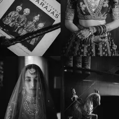 A moody and evocative collage of details, including a book on Maharajas, the bride's lehenga, and traditional artifacts, setting a theme of royalty and heritage.