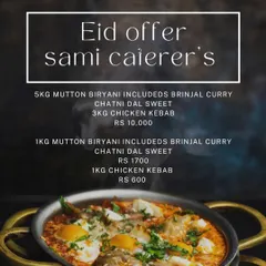 An example of an Eid offer for a 5kg Mutton Biryani combo, which includes sides and kebabs. These packages are designed to be a complete meal for your celebration.