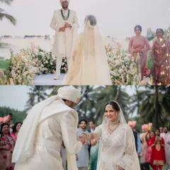 The moment the groom takes his bride's hand at their beachside wedding ceremony in South Goa. The ocean setting adds a serene and romantic touch.
