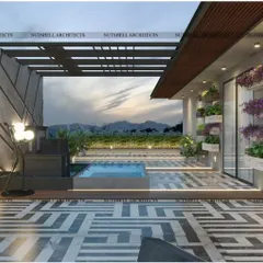 This terrace features a plunge pool and vertical gardens, creating a lush, green sanctuary in the sky. The design maximizes the view while providing a private and serene space for relaxation.