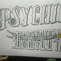 The completed line art for "Psychic Death," ready for color. The design features a sword piercing through the letters, adding a graphic element.