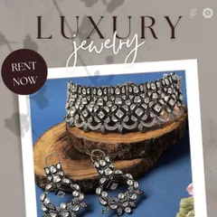 This graphic showcases a luxurious American Diamond choker with a dark, oxidized finish. It's a bold, modern piece perfect for a cocktail party or a high-fashion event.