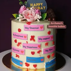 A cake from a wife to her husband, covered in sweet messages like "My Best Friend," "My Support," and "My Hero."
