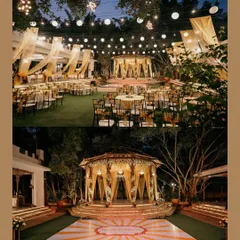 This collage captures the essence of a Bollywood-style Sangeet night. It showcases the grand stage with a custom dance floor, the elegant guest seating under fairy lights, and the overall magical ambiance I created for the celebration.