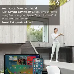 Experience hands-free living with Savant's Siri integration. This image shows a user controlling her home via her Apple Watch, demonstrating the ultimate convenience of voice commands for lighting, music, and more.