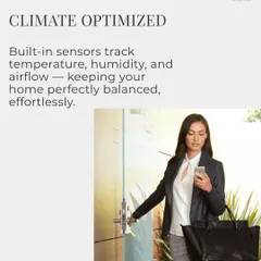 With built-in sensors for temperature, humidity, and airflow, the Savant Multistat keeps your home's climate perfectly balanced, as shown by this professional leaving for the day with peace of mind.
