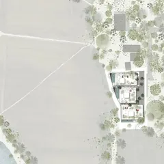 This illustrated site plan shows the three pavilion homes carefully placed at the edge of vast paddy fields. The layout is designed to maximize views and privacy while minimizing the impact on the surrounding agricultural landscape.