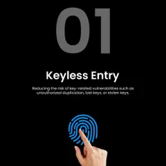Benefit one: Keyless Entry. Use your unique fingerprint, a passcode, or an RFID card to unlock your door. This eliminates the risk of lost or stolen keys.