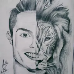 A conceptual mashup portrait combining the face of Cristiano Ronaldo with the face of a lion. This drawing symbolizes his strength, leadership, and king-like status in the world of football.