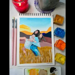 A finished gouache painting celebrating friendship, inspired by a photo. This piece captures a happy, carefree moment and is a great example of how I can turn a memory into a vibrant, lasting piece of art.