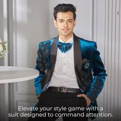 Elevate your style game with a suit designed to be a statement. A close-up of the blue velvet tuxedo shows the intricate details and the confidence it inspires.